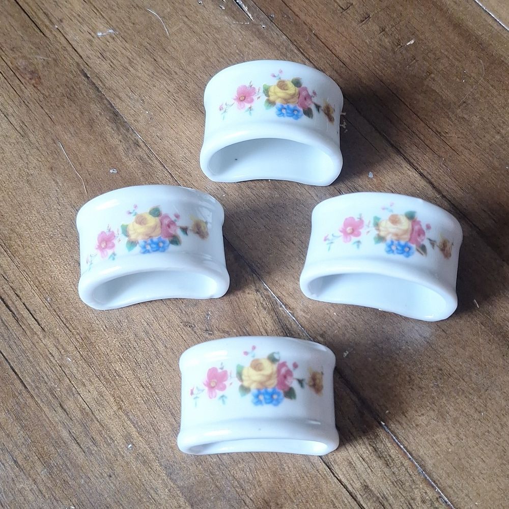 Vintage Floral Porcelain Napkin Rings Set Of 4